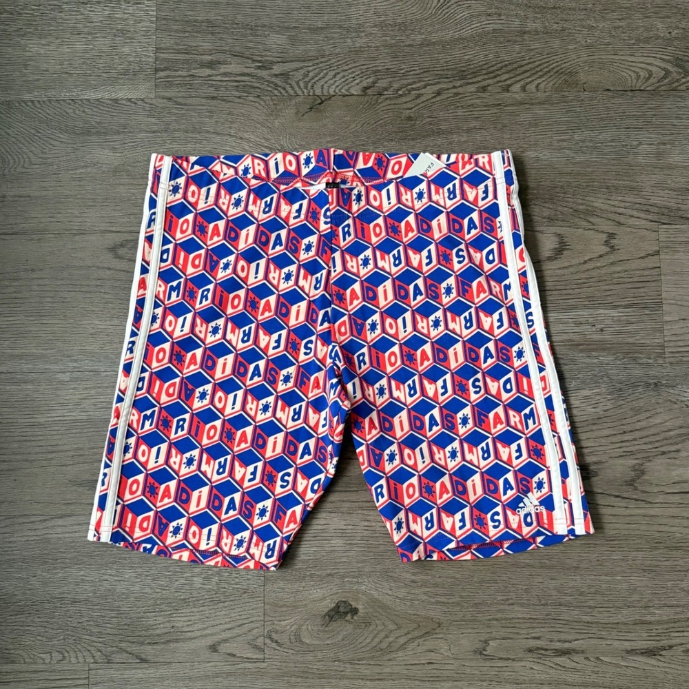 adidas x FARM Rio Cotton Bike Activewear Shorts Women XL Red Blue Logo Print NWT - Picture 6 of 13